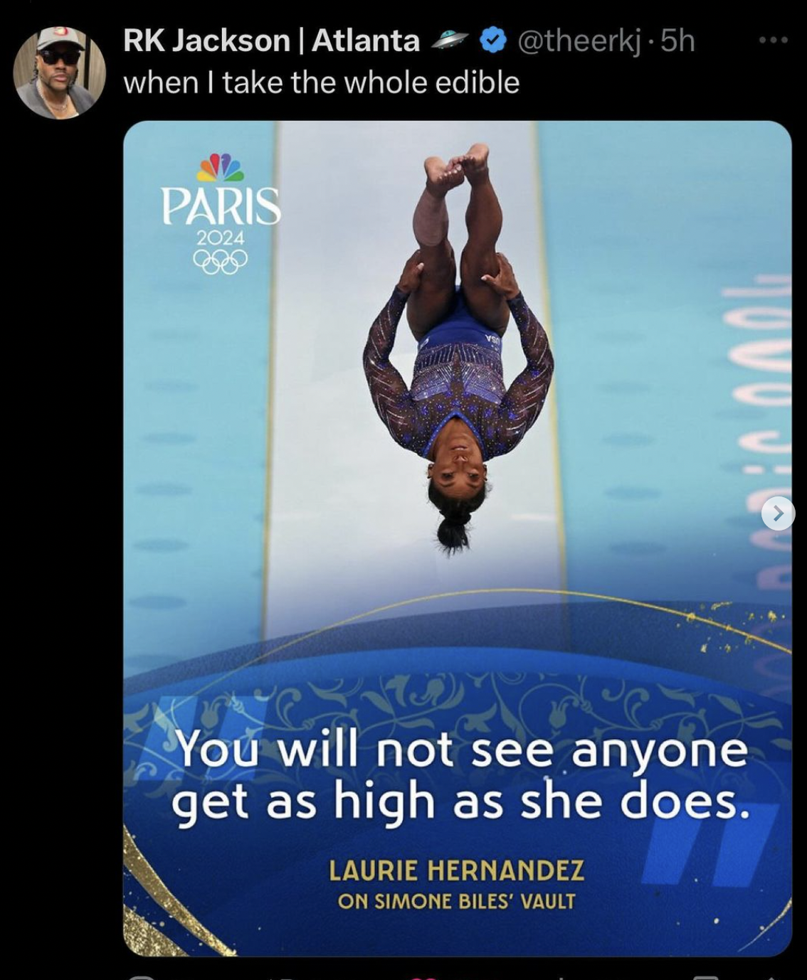 Laurie Hernandez - Rk Jackson | Atlanta when I take the whole edible Paris 2024 You will not see anyone get as high as she does. Laurie Hernandez On Simone Biles' Vault